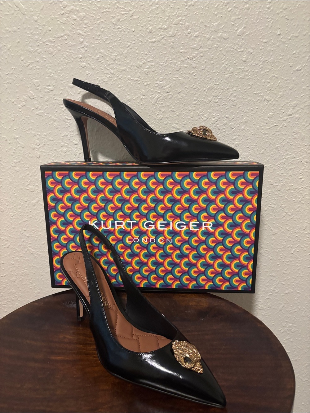 Kurt Geiger Black Patent Slingback Pointed Toe Pumps with Gold Brooch